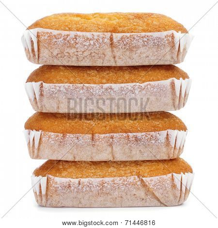 closeup of a pile of magdalenas largas, typical spanish plain muffins, on a white background