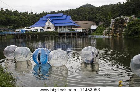 The Unidentified Kids Are Playing Zorbing In A Pool In Chiangmai Zoo