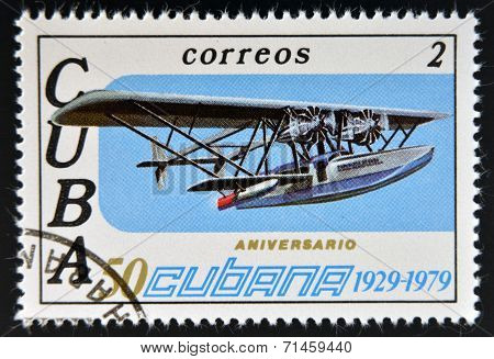 CUBA - CIRCA 1979: A stamp printed in Cuba celebrates the 50th anniversary of Cubana Airlines