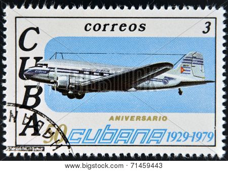 CUBA - CIRCA 1979: A stamp printed in Cuba celebrates the 50th anniversary of Cubana Airlines