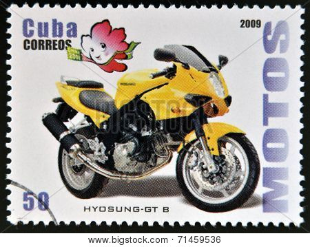 CUBA - CIRCA 2009: A stamp printed in Cuba dedicated to the motorbikes shows Hyosung Gt B circa 2009