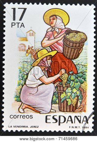 SPAIN - CIRCA 1984: stamp printed in Spain shows the harvest in Jerez circa 1984
