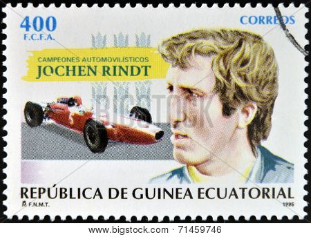 EQUATORIAL GUINEA -CIRCA 1995: stamp printed in Guinea dedicated to car champions shows Jochen Rindt