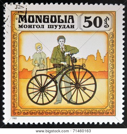 MONGOLIA - CIRCA 1982: stamp printed in Mongolia shows retro bike circa 1982