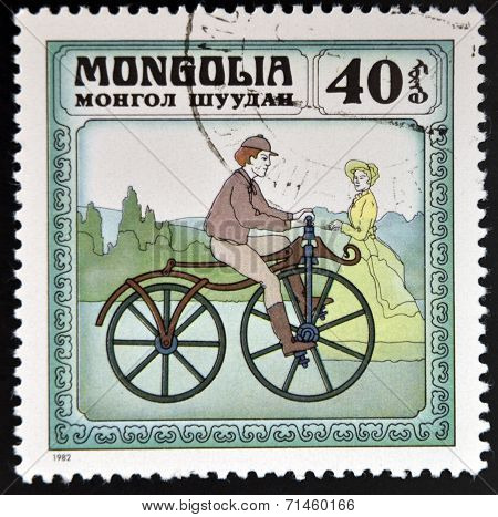 MONGOLIA - CIRCA 1982: stamp printed in Mongolia shows retro bike circa 1982