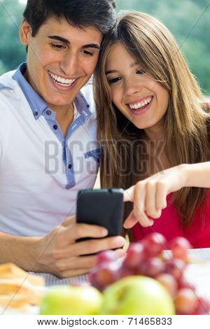 Couple Using Smart Phone On Romantic Picinic.