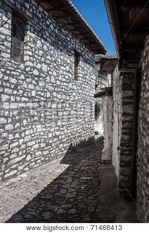 Albanian Berat ancient medieval stone street with old houses