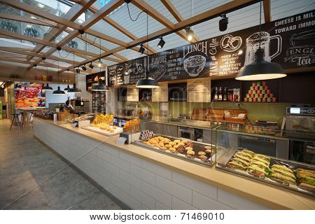 HELSINKI - SEP 03: Airport cafe interior on September 03, 2014 in Helsinki, Finland. Helsinki Airport  is the main international airport of the Helsinki metropolitan region and the whole of Finland