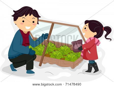Illustration Featuring a Father and Daughter Tending to Their Winter Garden