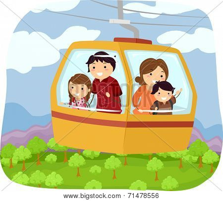 Illustration Featuring a Family in a Cable Car Checking Out the Forest Below