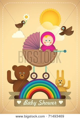 Comic baby shower illustration in color. Vector illustration.