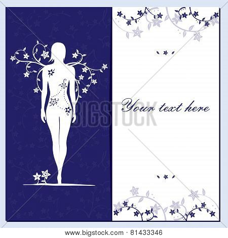 Greeting floral card with girl silhouette blue