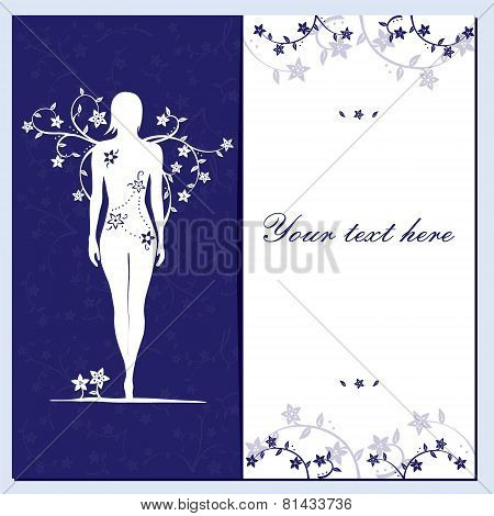 Greeting floral card with girl silhouette blue