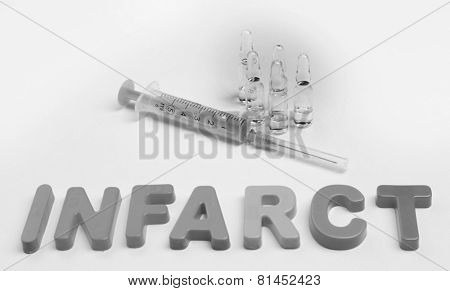 Medicines with word Infarct on white background