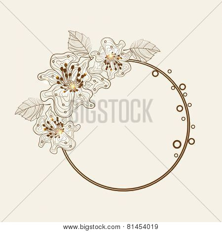 Floral decorated rounded frame with sapce for your message on white background.