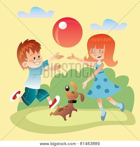 Kids And Dog Play Outdoors In The Ball