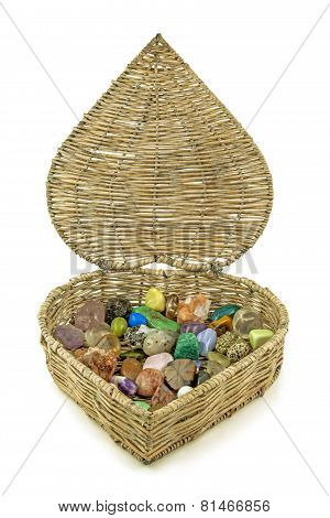 Healing crystals in heart-shaped basket