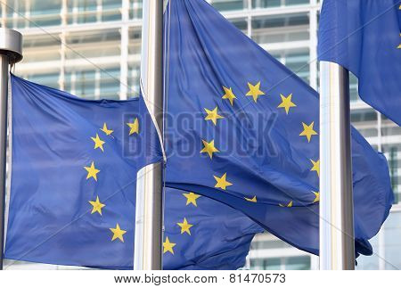 European Flags In Front  The Berlaymont Building, Headquarters  Commission On Brussels.