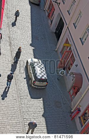 Tallinn. Estonia. Top view of the car in Old Town