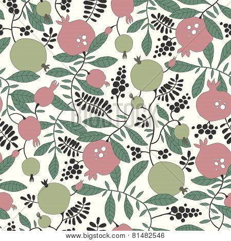 Seamless pattern of pomegranate and apple tree