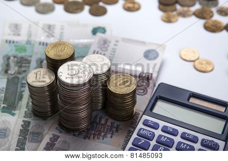 Stacks Of Russian Rubles With Calculator