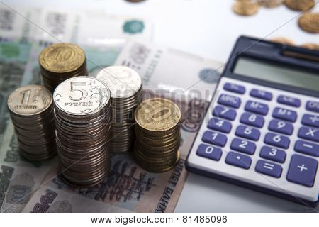Stacks Of Russian Rubles With Calculator