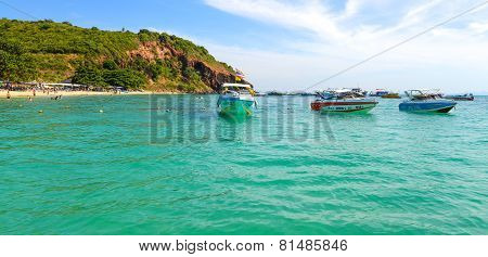 Beautiful Beach With Motor Boat At Larn Island, Thailand