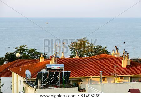 Solar Collector On The Roof Of The House, Nea Kallikratia, Greece