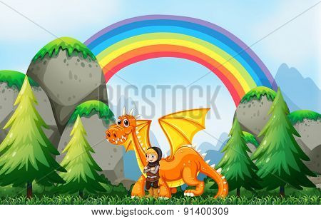 Knight and dragon in the field with rainbow background