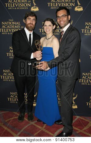 LOS ANGELES - APR 24: Jon Philpot, Angie Dix, Mustafa Bhagat at The 42nd Daytime Creative Arts Emmy Awards Gala at the Universal Hilton Hotel on April 24, 2015 in Los Angeles, California
