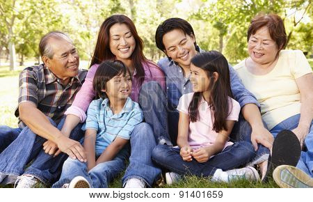 Portrait multi-generation Asian family in park