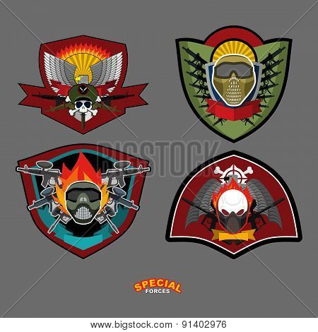 Set military and armed labels logo.  Skull, Eagle and weapons.Vector illustration