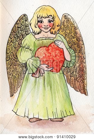 Watercolor Girl Angel With Heart