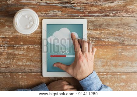 business, education, cloud computing, people and technology concept - close up of male hands with tablet pc computer transferring data