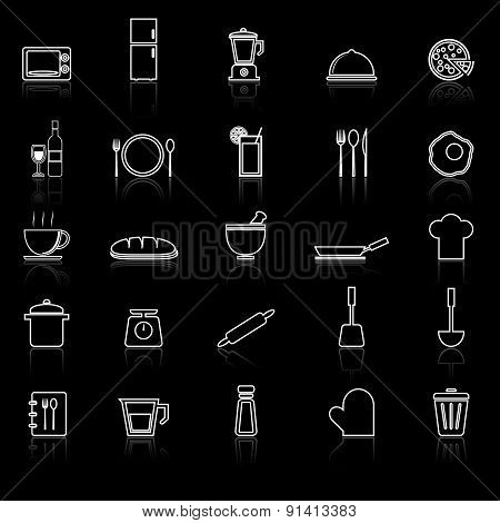 Kitchen Line Icons With Reflect On Black