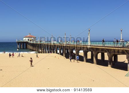 People Enjoy The Beach At The Manhattan Beach Pier