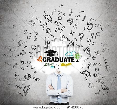A Student Is Pondering Over The Graduation Process In The University. Cloud With The Educational Ico