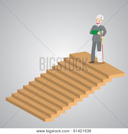 Injured Businessman In Bandages Standing On Top Of Stairs, Vector, Illustration