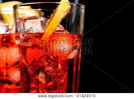 Close-up Of Spritz Aperitif Aperol Cocktail With Orange Slices And Ice Cubes