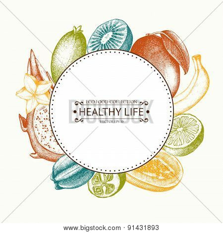 Vintage frame with tropical fruits illustration