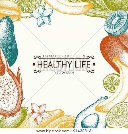 Vintage frame with tropical fruits illustration