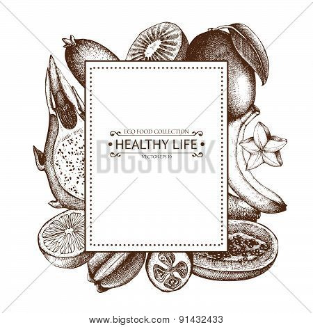 Vintage frame with tropical fruits illustration isolated on white.