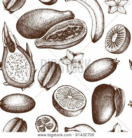 Vintage tropical fruit background isolated on white.