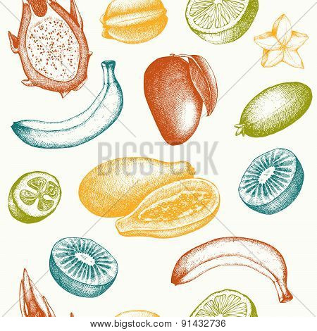 Vintage tropical fruit background isolated on white.