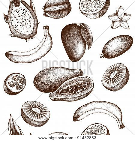 Vintage tropical fruit background isolated on white.