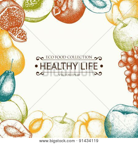Harvest vintage background with traditional fruits