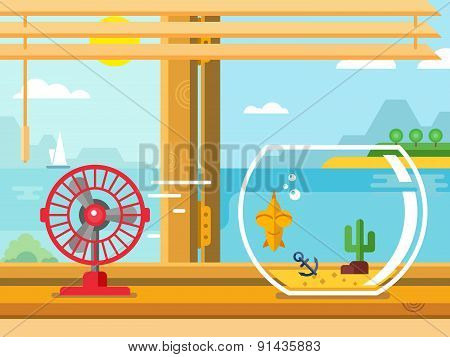 Fan And Aquarium On Windowsill Next To Open Window