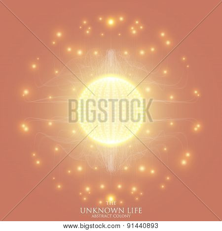 Abstract vector mesh background. Sphere of bioluminescent tentacles. Futuristic style card.