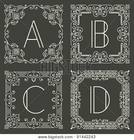 Set of vector floral and geometric monogram logos with capital letter on dark gray background. Monog