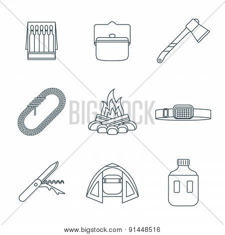 Dark Colored Outline Various Camping Icons Collection.